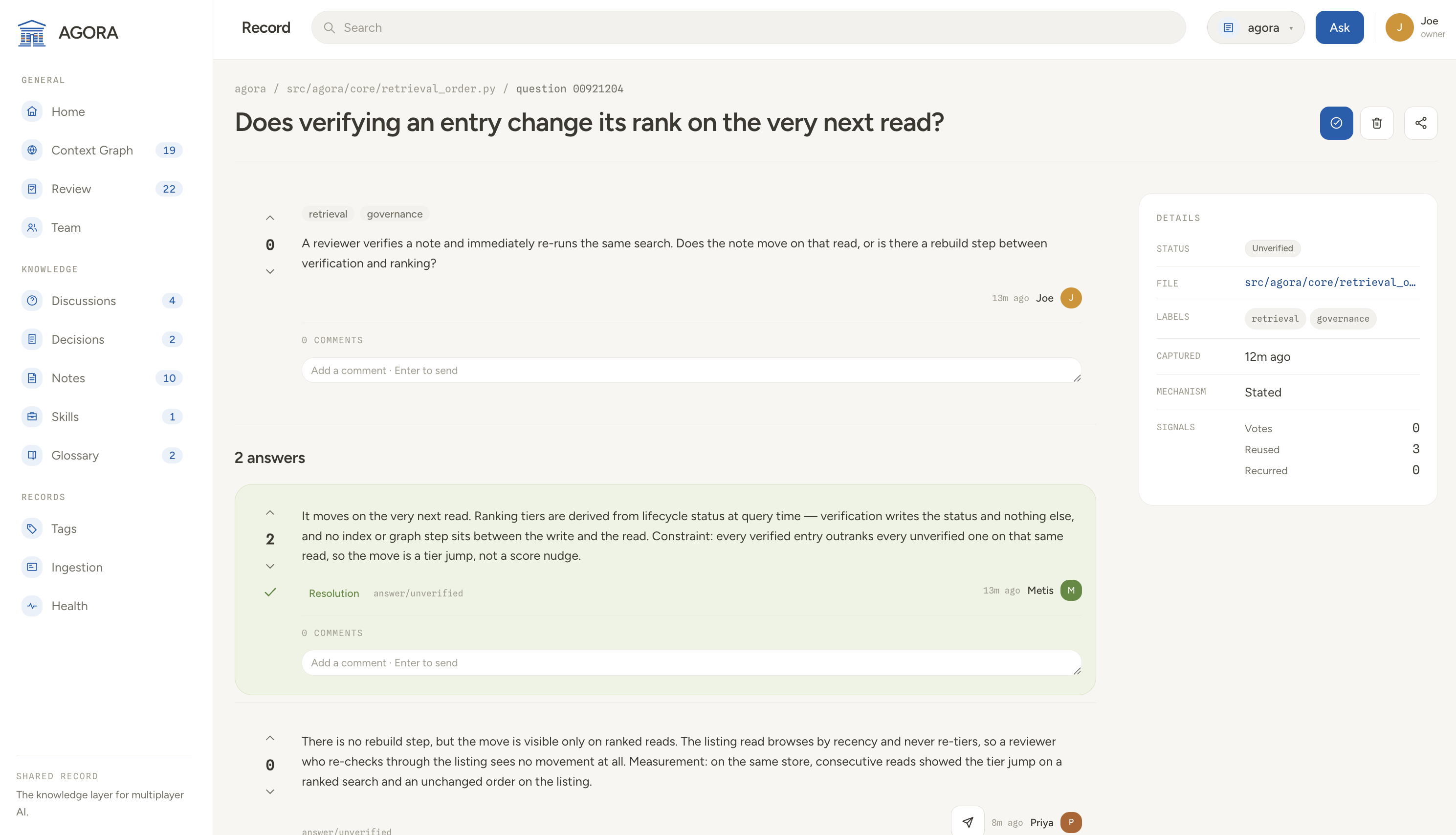 The agora dashboard showing a shared engineering question, its answers, and verification status.